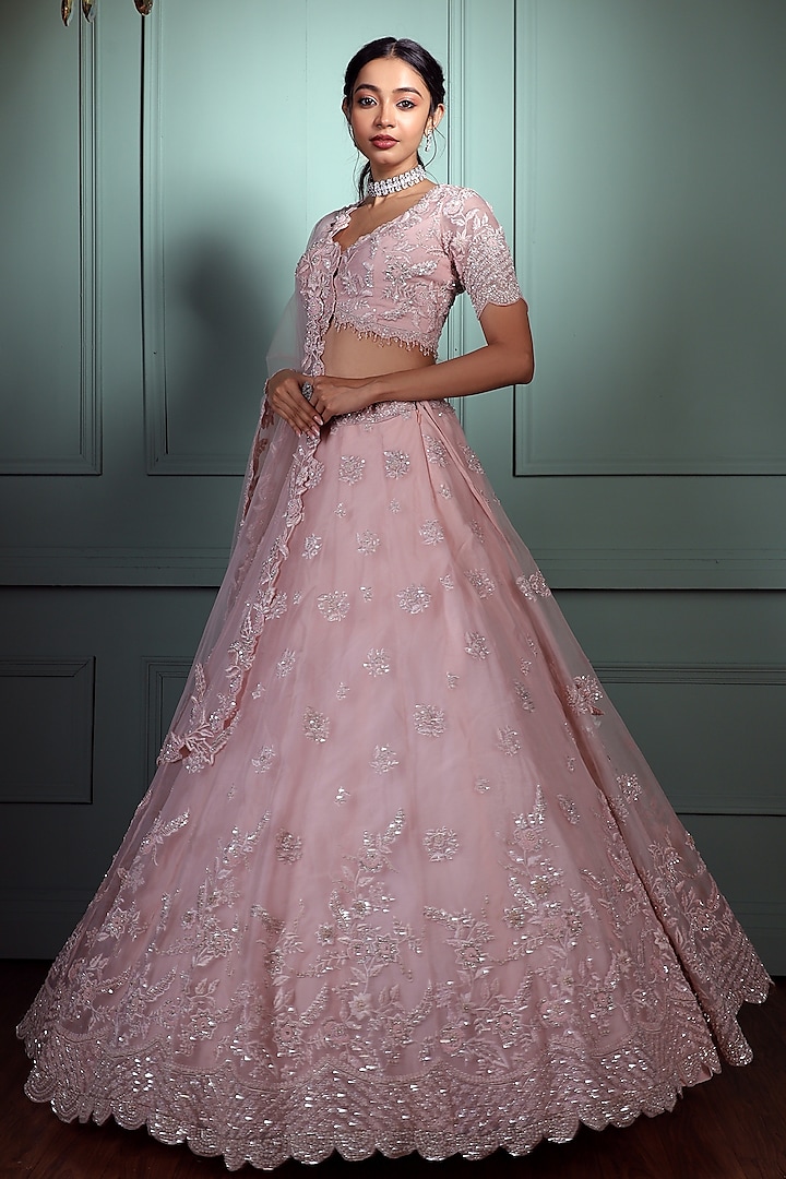 Blush Pink Organza Embroidered Lehenga set by Pallavi Poddar (India)