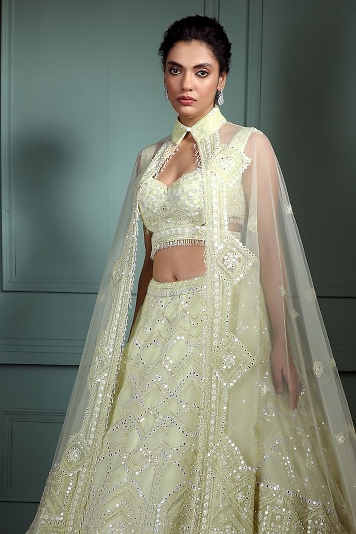 Mint Green Tulle Mirror Embellished Bridal Lehenga Set by Pallavi Poddar (India) at Pernia's Pop Up Shop
