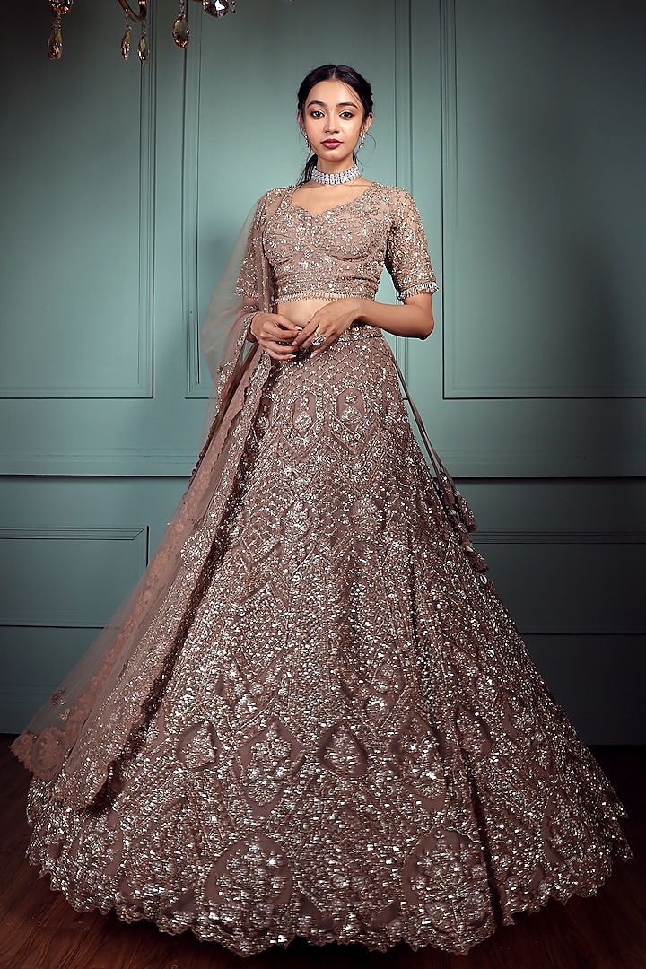 Rusty Brown Tulle Embroidered Lehenga Set by Pallavi Poddar (India)