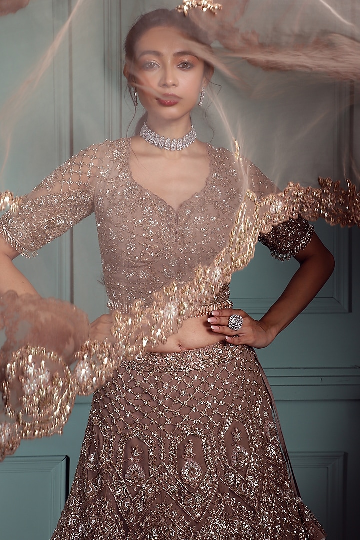 Rusty Brown Tulle Embroidered Bridal Lehenga Set by Pallavi Poddar (India) at Pernia's Pop Up Shop