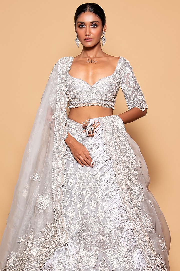 Grey Organza Embroidered Bridal Lehenga Set by Pallavi Poddar (India) at Pernia's Pop Up Shop