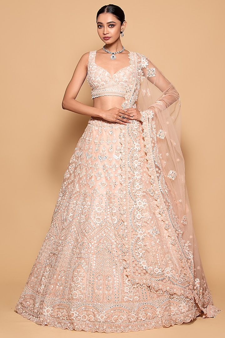 Peach Tulle Embroidered Lehenga Set by Pallavi Poddar (India)