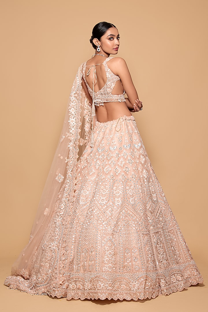 Peach Tulle Embroidered Bridal Lehenga Set by Pallavi Poddar (India) at Pernia's Pop Up Shop