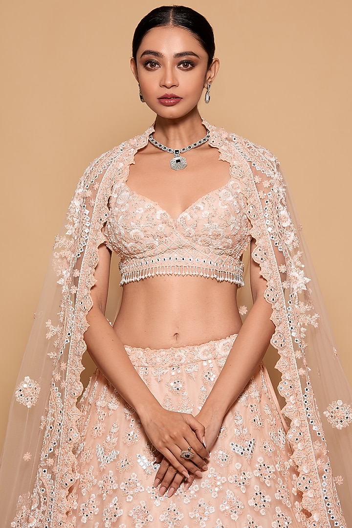 Peach Tulle Embroidered Bridal Lehenga Set by Pallavi Poddar (India) at Pernia's Pop Up Shop