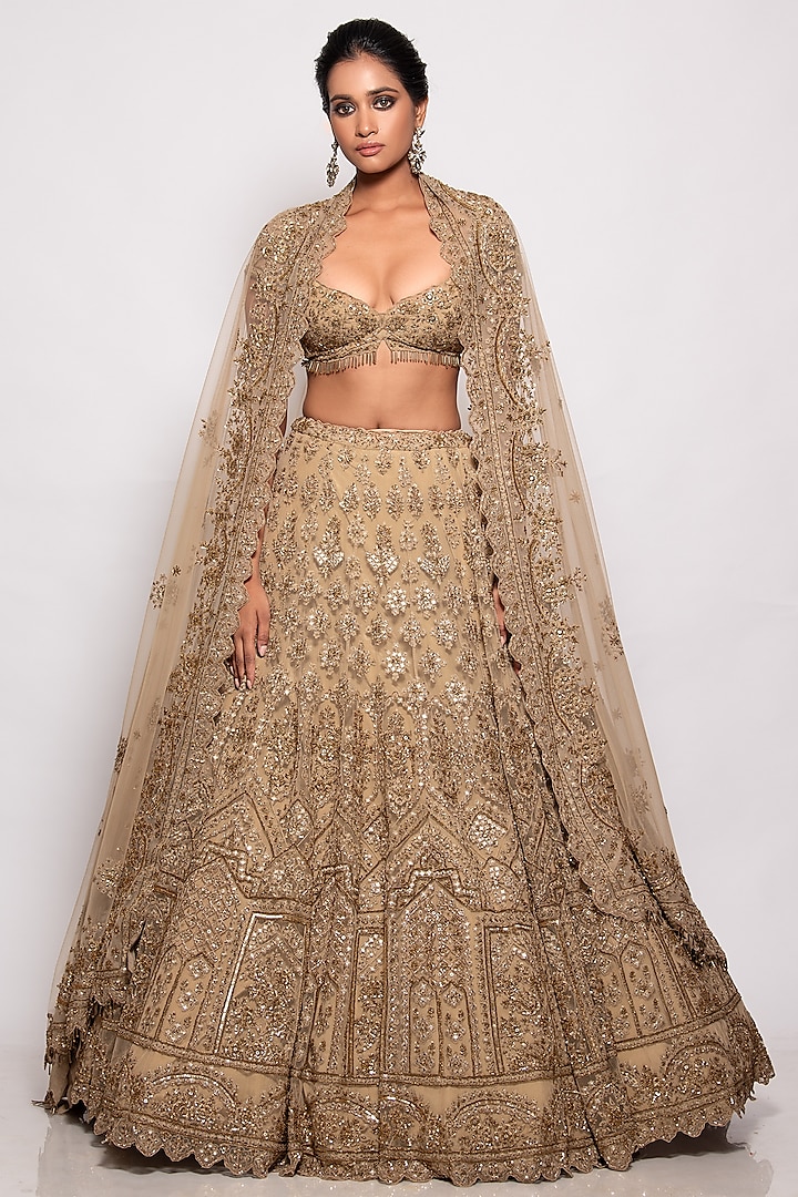 Antique Gold Tulle Embroidered Lehenga Set by Pallavi Poddar (India)