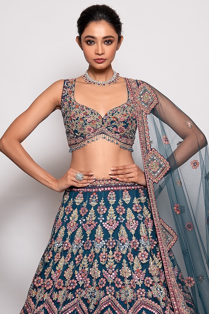 Dark Blue Tulle Embroidered Bridal Lehenga Set by Pallavi Poddar (India) at Pernia's Pop Up Shop