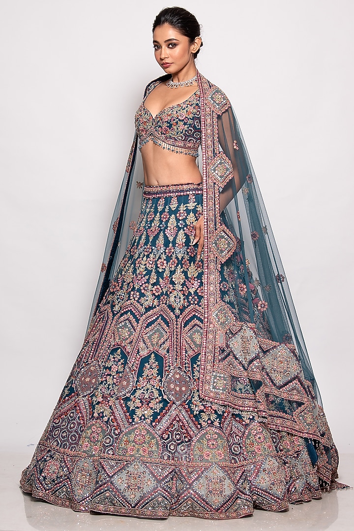 Dark Blue Tulle Embroidered Bridal Lehenga Set by Pallavi Poddar (India) at Pernia's Pop Up Shop