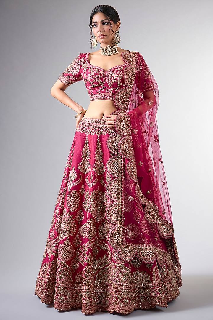 Red Raw Silk Cutdana & Moti Work Bridal Lehenga Set by Pallavi Poddar (India) at Pernia's Pop Up Shop