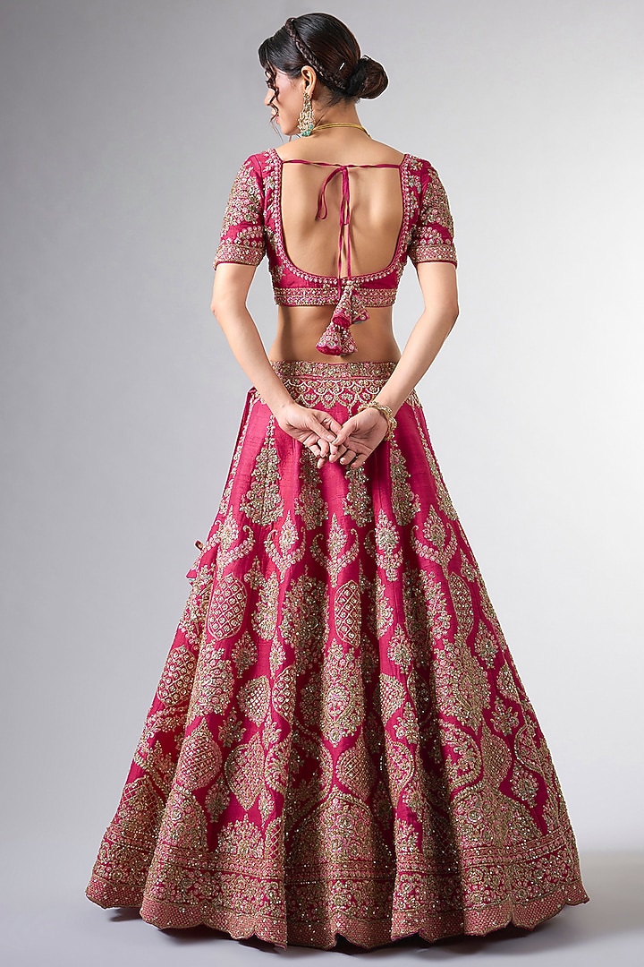 Red Raw Silk Cutdana & Moti Work Bridal Lehenga Set by Pallavi Poddar (India) at Pernia's Pop Up Shop