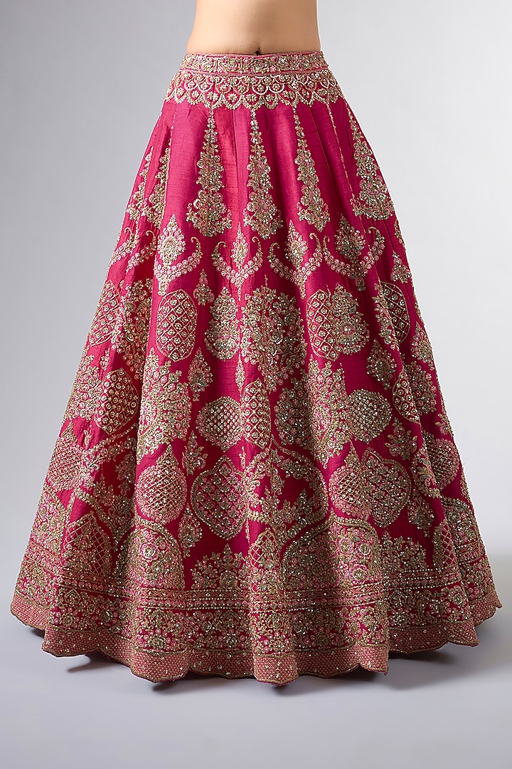 Red Raw Silk Cutdana & Moti Work Bridal Lehenga Set by Pallavi Poddar (India) at Pernia's Pop Up Shop