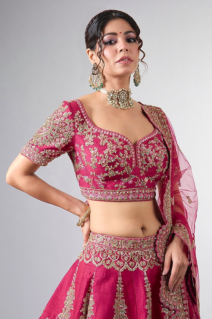 Red Raw Silk Cutdana & Moti Work Bridal Lehenga Set by Pallavi Poddar (India) at Pernia's Pop Up Shop