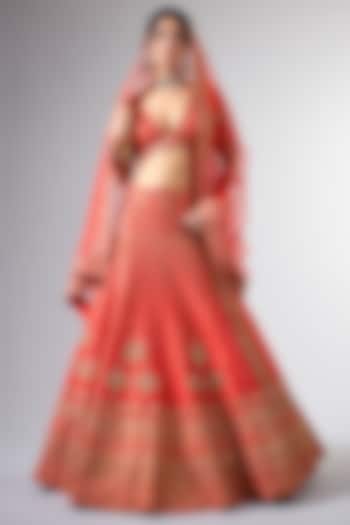 Red Raw Silk Tikki Work Bridal Lehenga Set by Pallavi Poddar (India) at Pernia's Pop Up Shop