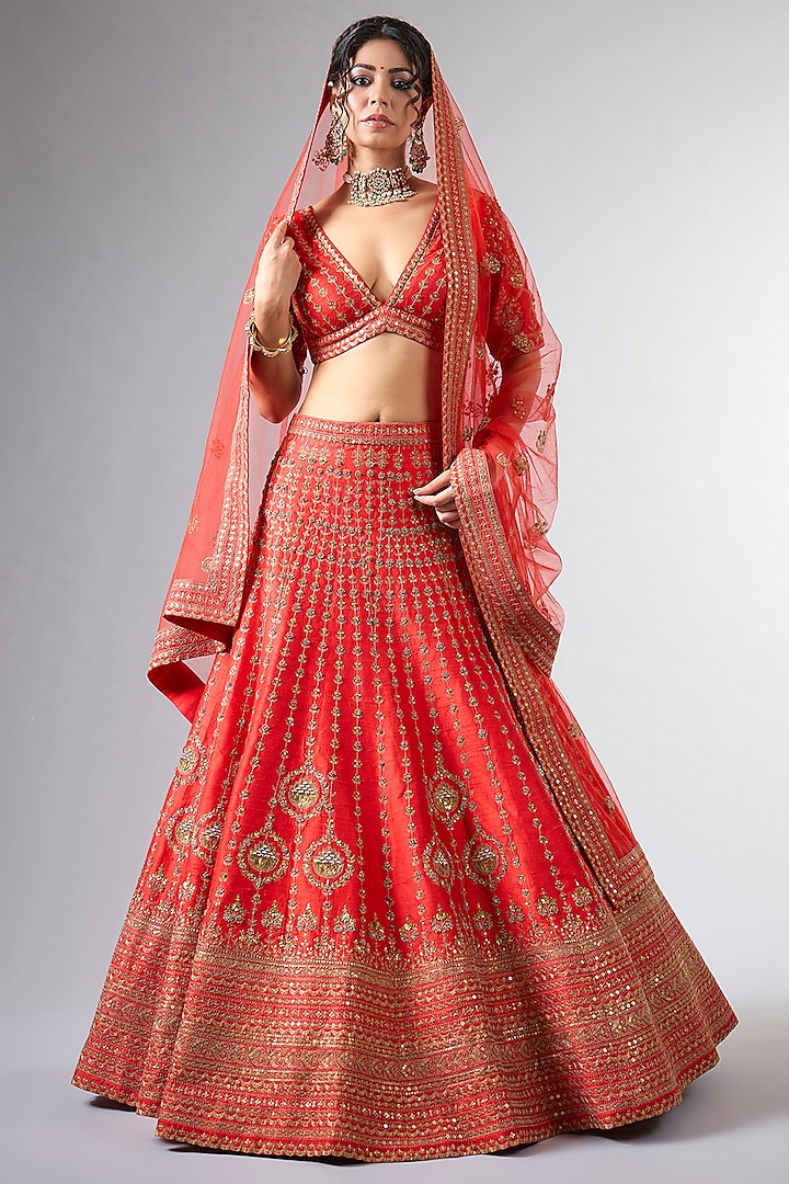 Red Raw Silk Tikki Work Bridal Lehenga Set by Pallavi Poddar (India) at Pernia's Pop Up Shop