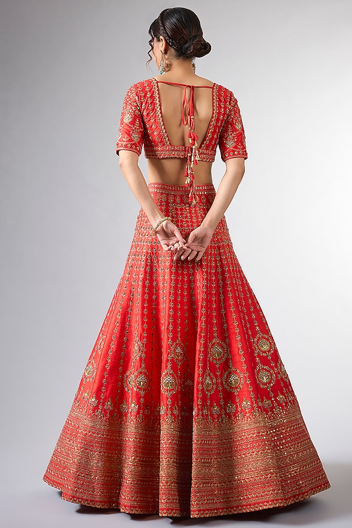 Red Raw Silk Tikki Work Bridal Lehenga Set by Pallavi Poddar (India) at Pernia's Pop Up Shop