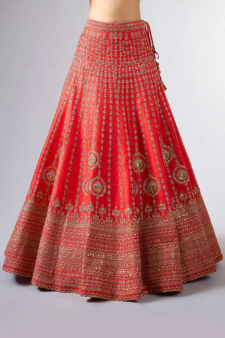 Red Raw Silk Tikki Work Bridal Lehenga Set by Pallavi Poddar (India) at Pernia's Pop Up Shop
