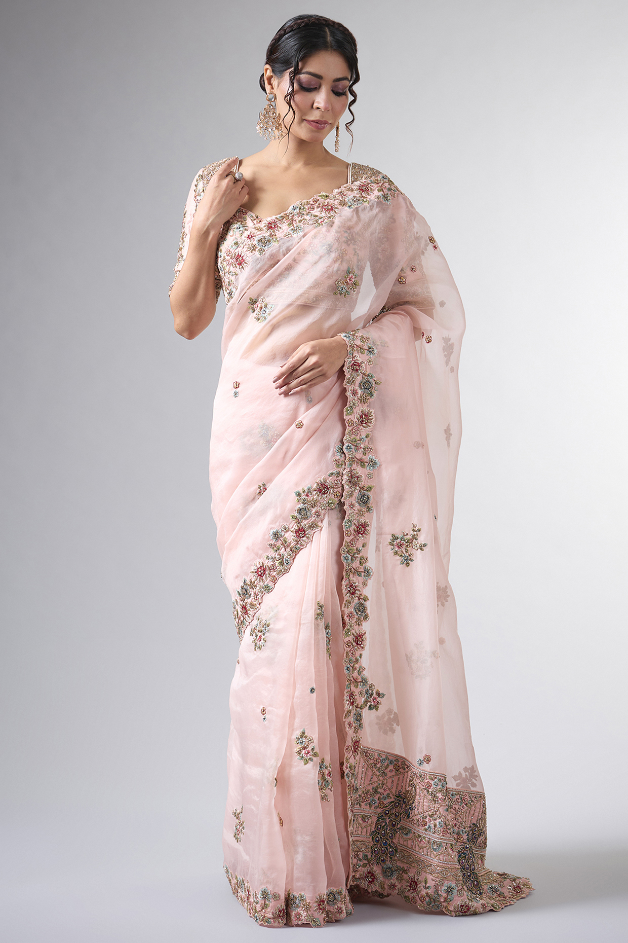 Pink Organza Cutdana & Dabka Work Reception Saree Set by Pallavi Poddar (India) at Pernia's Pop Up Shop