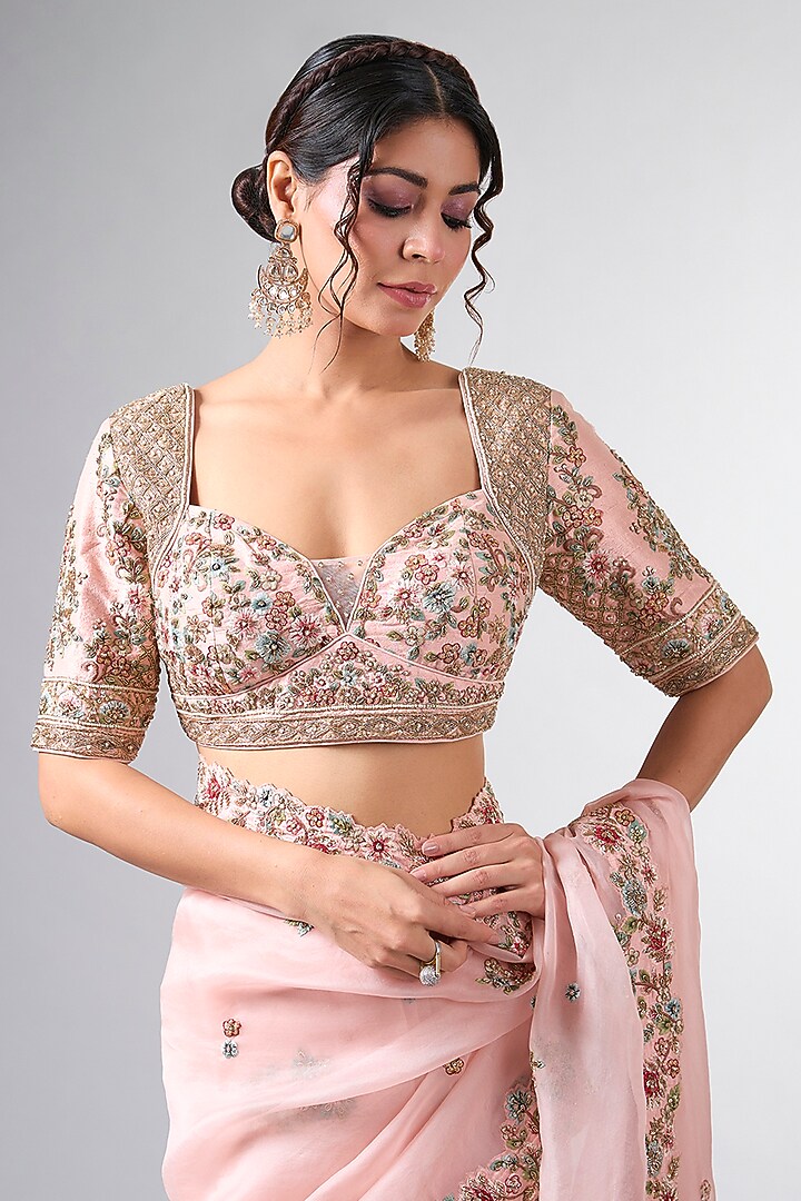 Pink Organza Cutdana & Dabka Work Reception Saree Set by Pallavi Poddar (India) at Pernia's Pop Up Shop