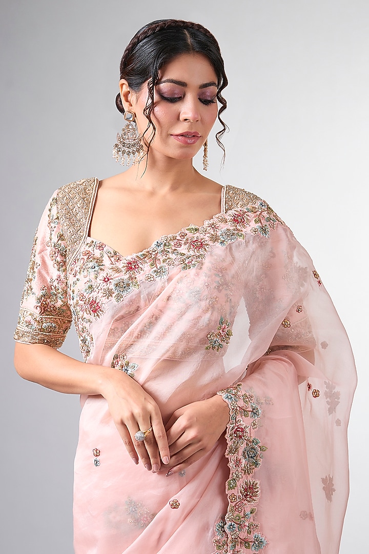 Pink Organza Cutdana & Dabka Work Reception Saree Set by Pallavi Poddar (India) at Pernia's Pop Up Shop