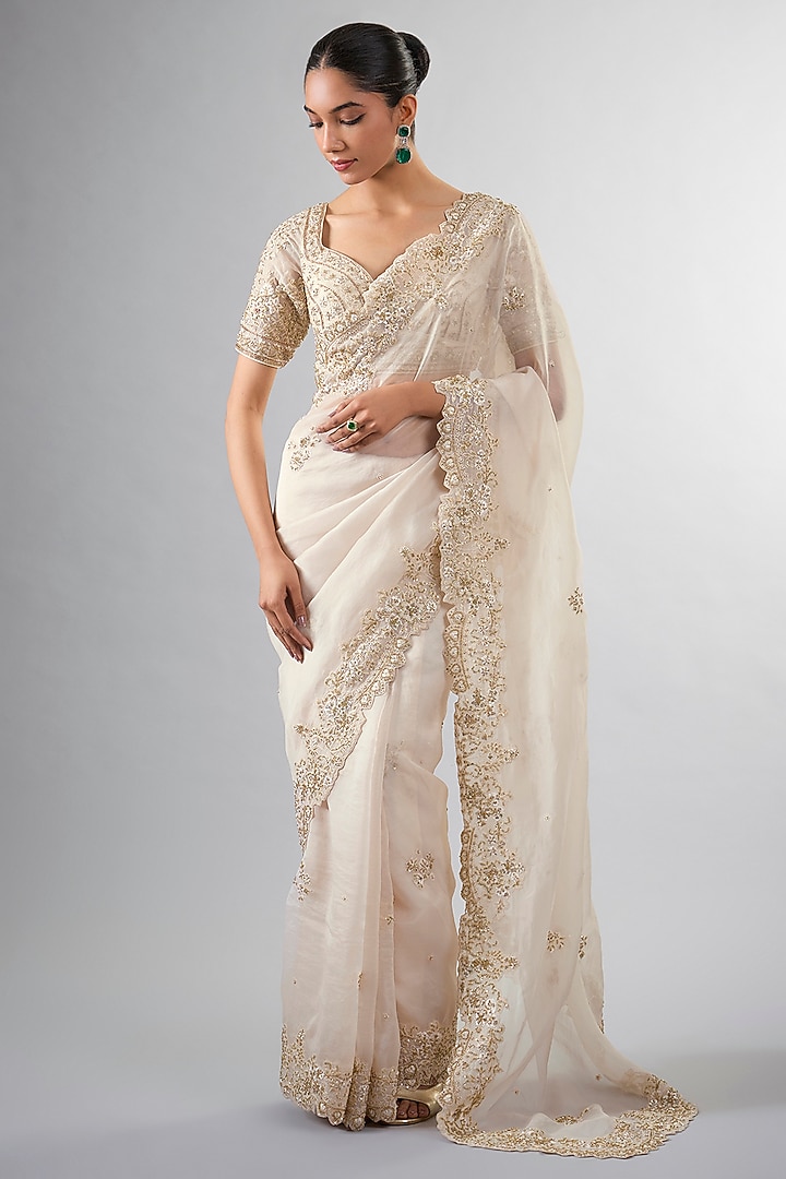 Ivory Organza Cutdana Work Wedding Saree Set by Pallavi Poddar (India) at Pernia's Pop Up Shop