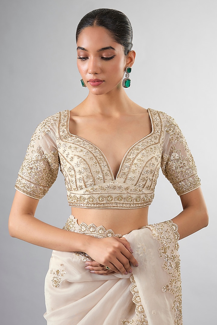 Ivory Organza Cutdana Work Wedding Saree Set by Pallavi Poddar (India) at Pernia's Pop Up Shop