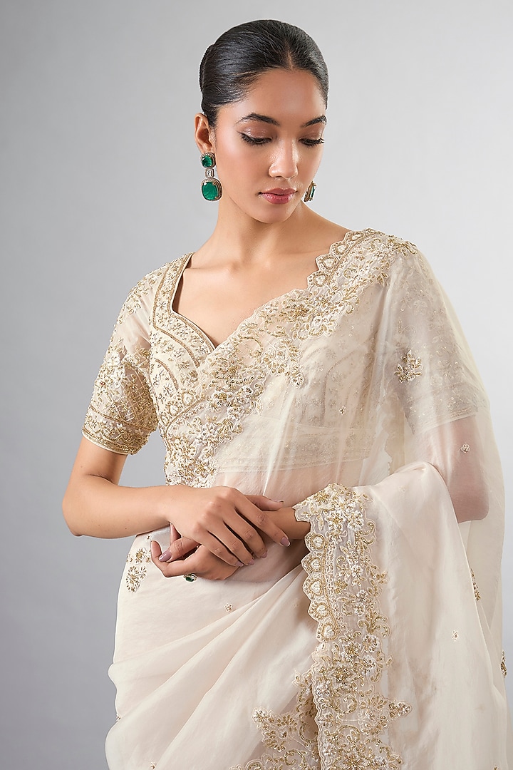 Ivory Organza Cutdana Work Wedding Saree Set by Pallavi Poddar (India) at Pernia's Pop Up Shop