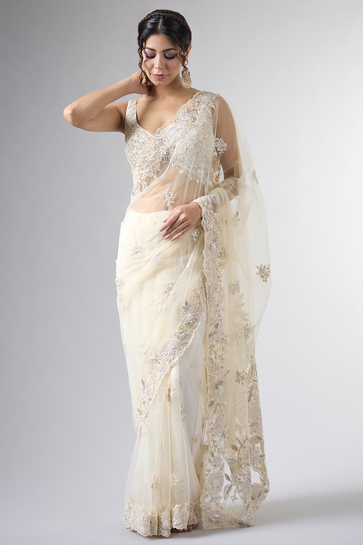 Ivory Net Cutdana Work Wedding Saree Set by Pallavi Poddar (India) at Pernia's Pop Up Shop