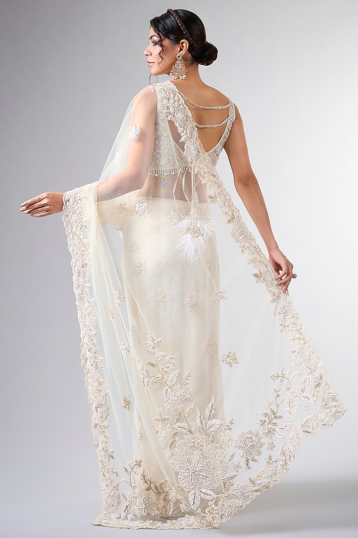 Ivory Net Cutdana Work Wedding Saree Set by Pallavi Poddar (India) at Pernia's Pop Up Shop