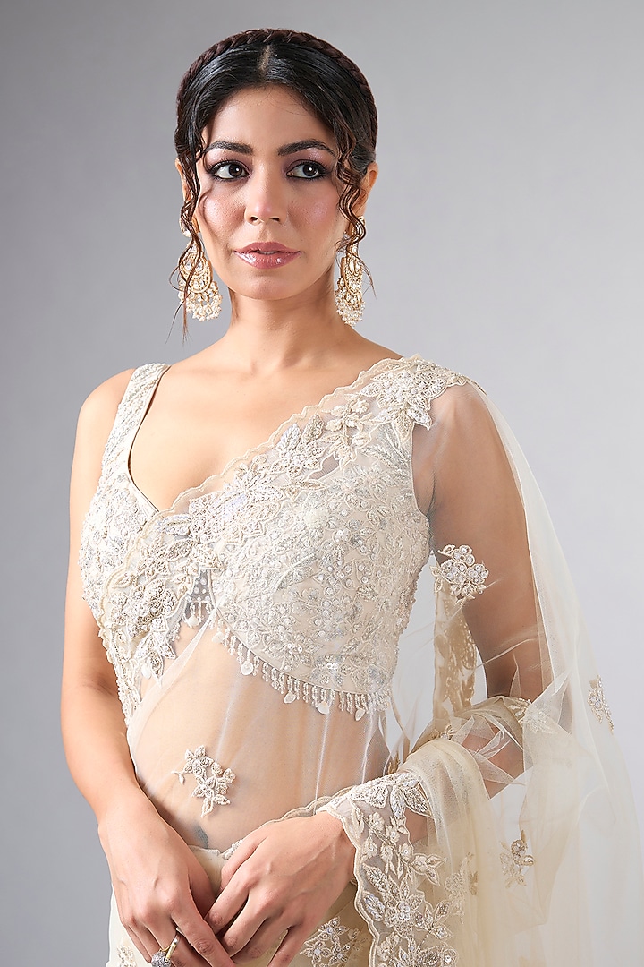 Ivory Net Cutdana Work Wedding Saree Set by Pallavi Poddar (India) at Pernia's Pop Up Shop
