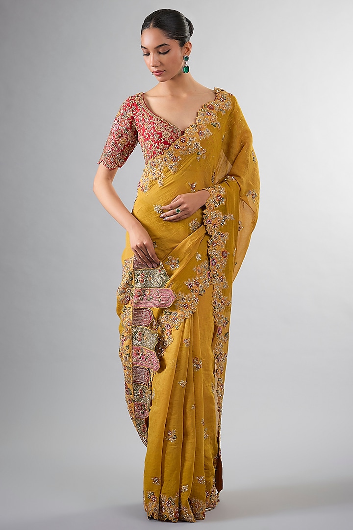 Yellow Tissue Cutdana & Pearl Work Reception Saree Set by Pallavi Poddar (India) at Pernia's Pop Up Shop
