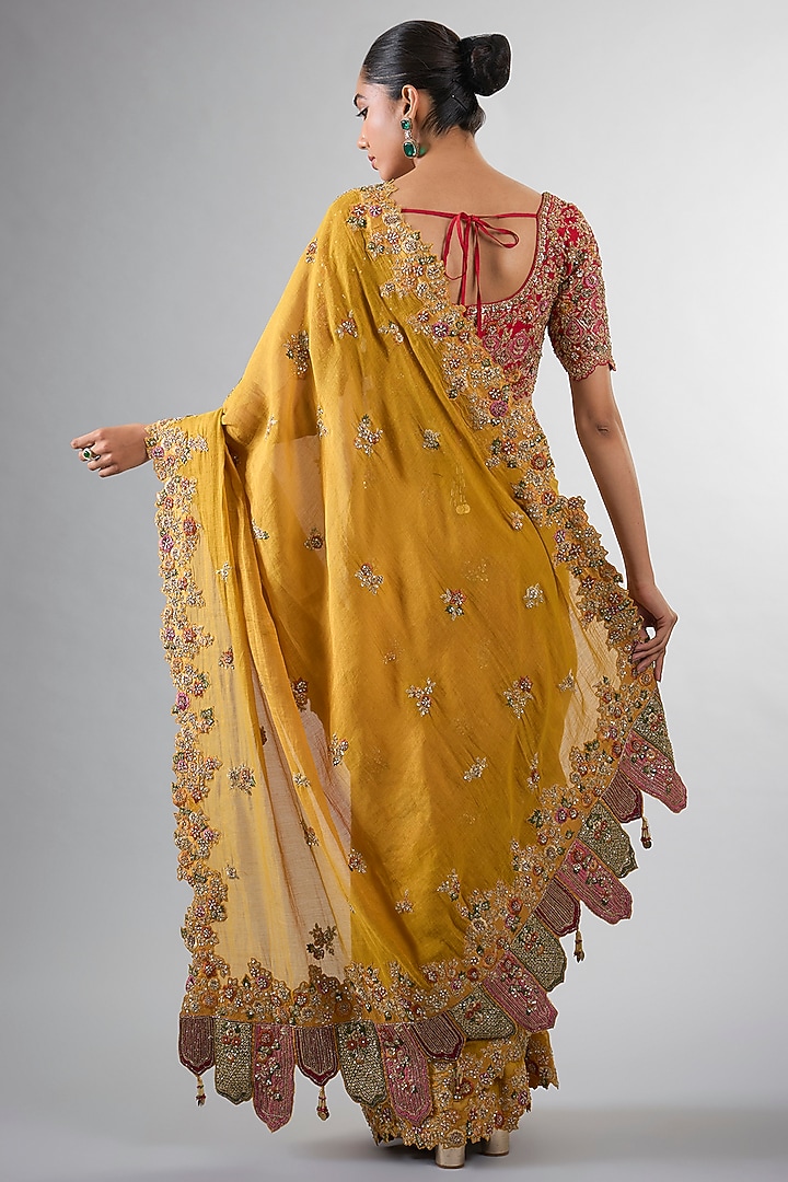Yellow Tissue Cutdana & Pearl Work Reception Saree Set by Pallavi Poddar (India) at Pernia's Pop Up Shop