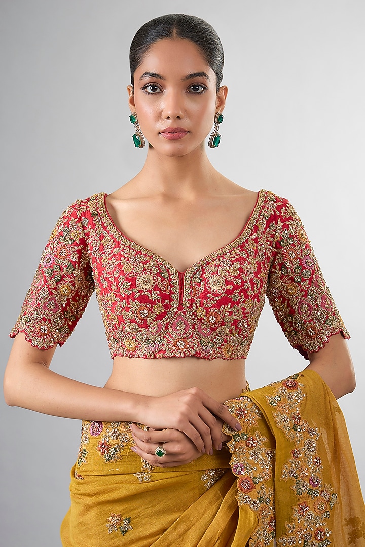 Yellow Tissue Cutdana & Pearl Work Reception Saree Set by Pallavi Poddar (India) at Pernia's Pop Up Shop