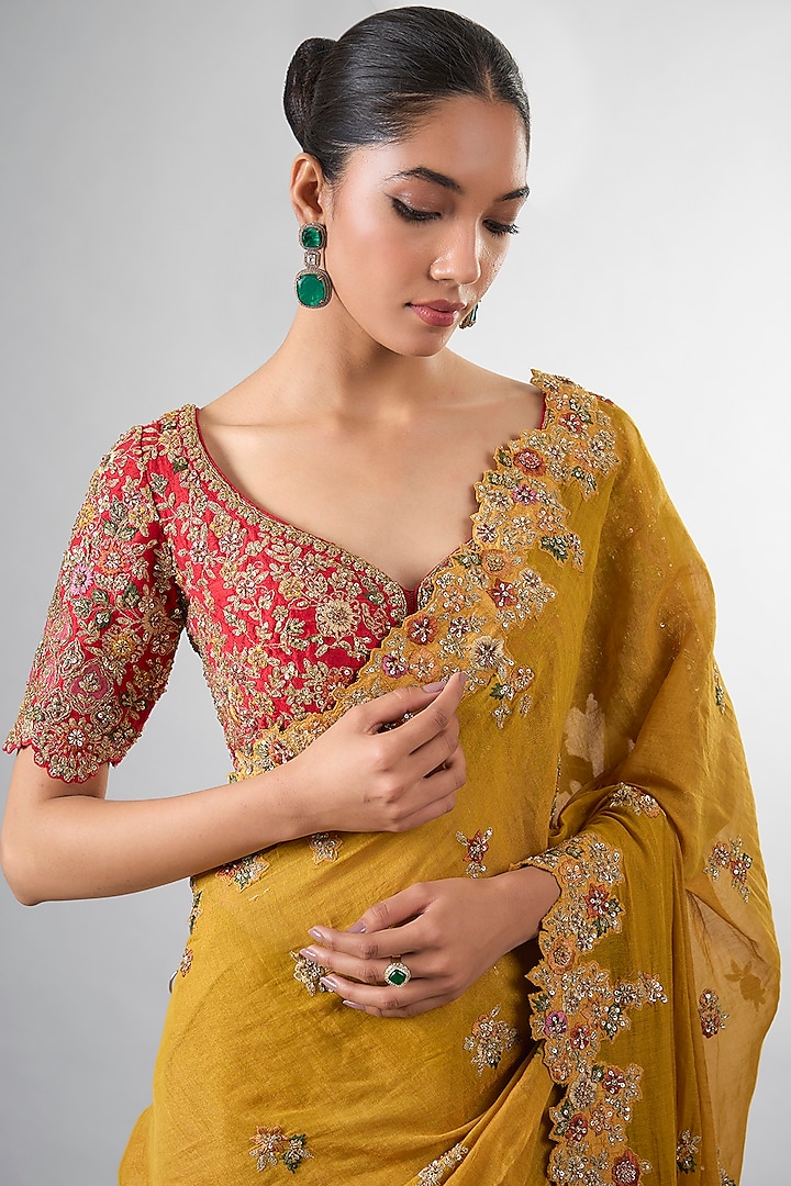 Yellow Tissue Cutdana & Pearl Work Reception Saree Set by Pallavi Poddar (India) at Pernia's Pop Up Shop