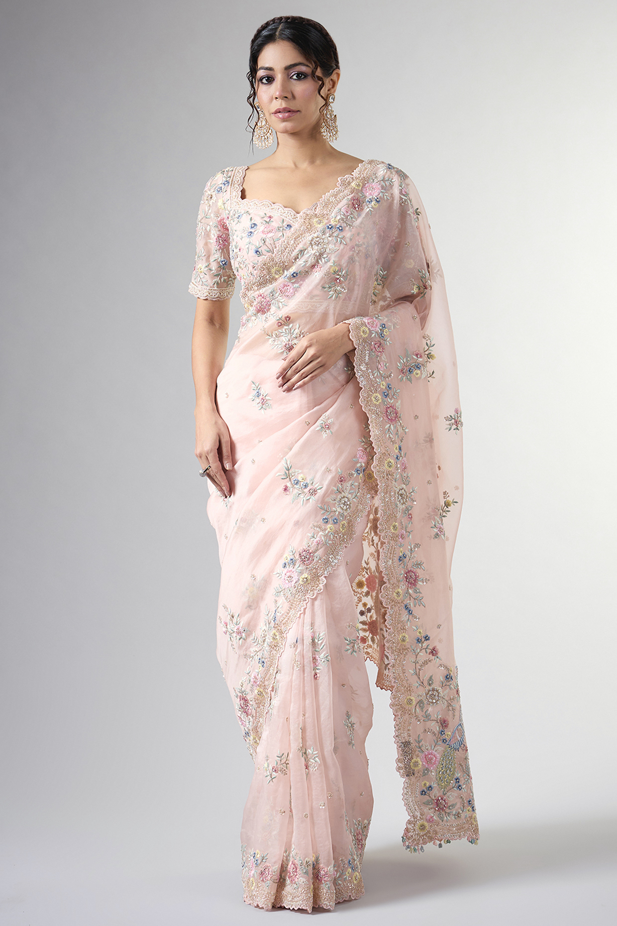 Pink Organza Dabka & Cutdana Work Reception Saree Set by Pallavi Poddar (India) at Pernia's Pop Up Shop