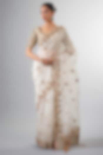 Ivory Organza Dabka & Cutdana Work Reception Saree Set by Pallavi Poddar (India) at Pernia's Pop Up Shop