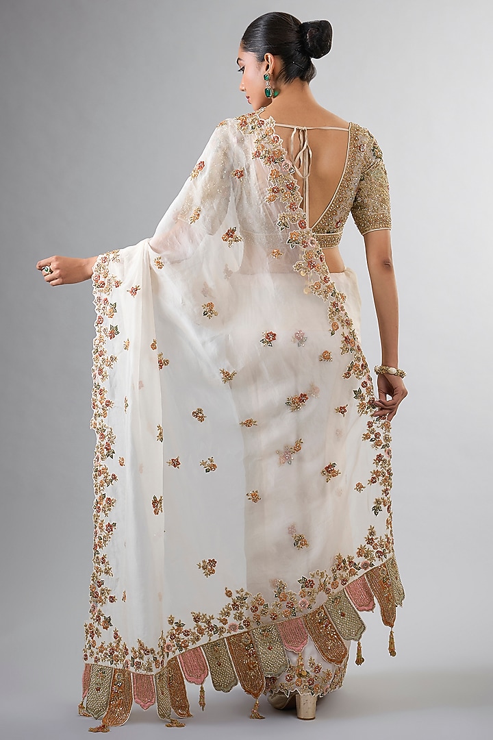 Ivory Organza Dabka & Cutdana Work Reception Saree Set by Pallavi Poddar (India) at Pernia's Pop Up Shop