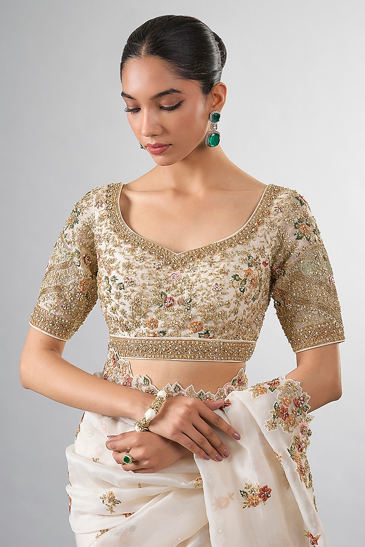 Ivory Organza Dabka & Cutdana Work Reception Saree Set by Pallavi Poddar (India) at Pernia's Pop Up Shop