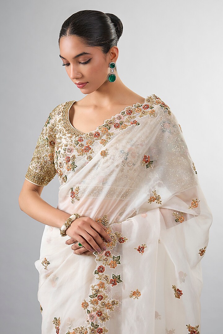 Ivory Organza Dabka & Cutdana Work Reception Saree Set by Pallavi Poddar (India) at Pernia's Pop Up Shop