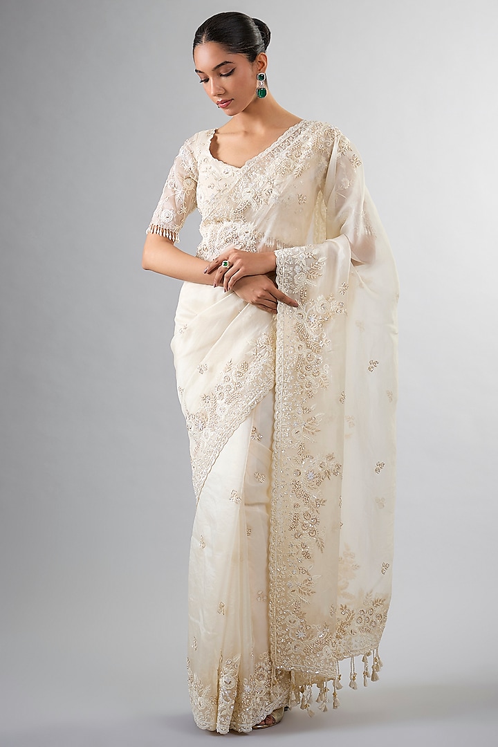 Ivory Organza Tikki & Resham Work Reception Saree Set by Pallavi Poddar (India) at Pernia's Pop Up Shop