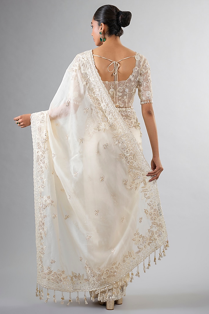 Ivory Organza Tikki & Resham Work Reception Saree Set by Pallavi Poddar (India) at Pernia's Pop Up Shop