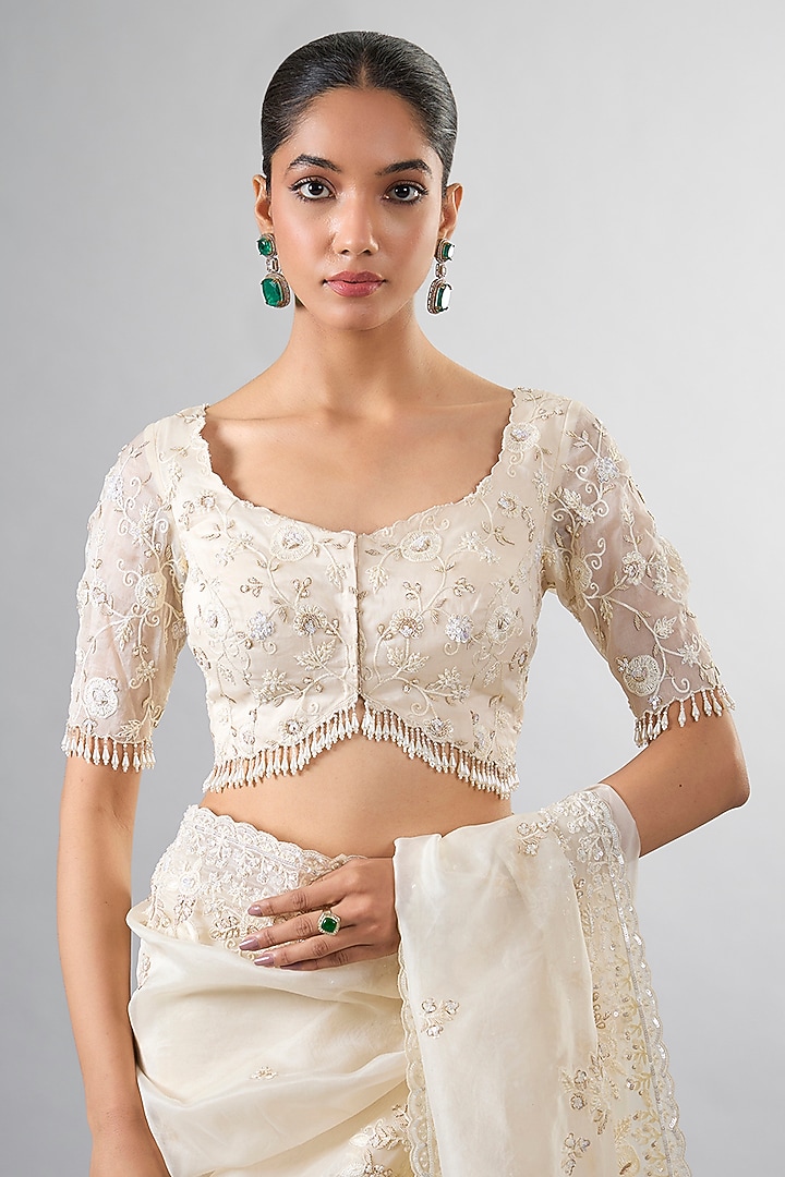 Ivory Organza Tikki & Resham Work Reception Saree Set by Pallavi Poddar (India) at Pernia's Pop Up Shop