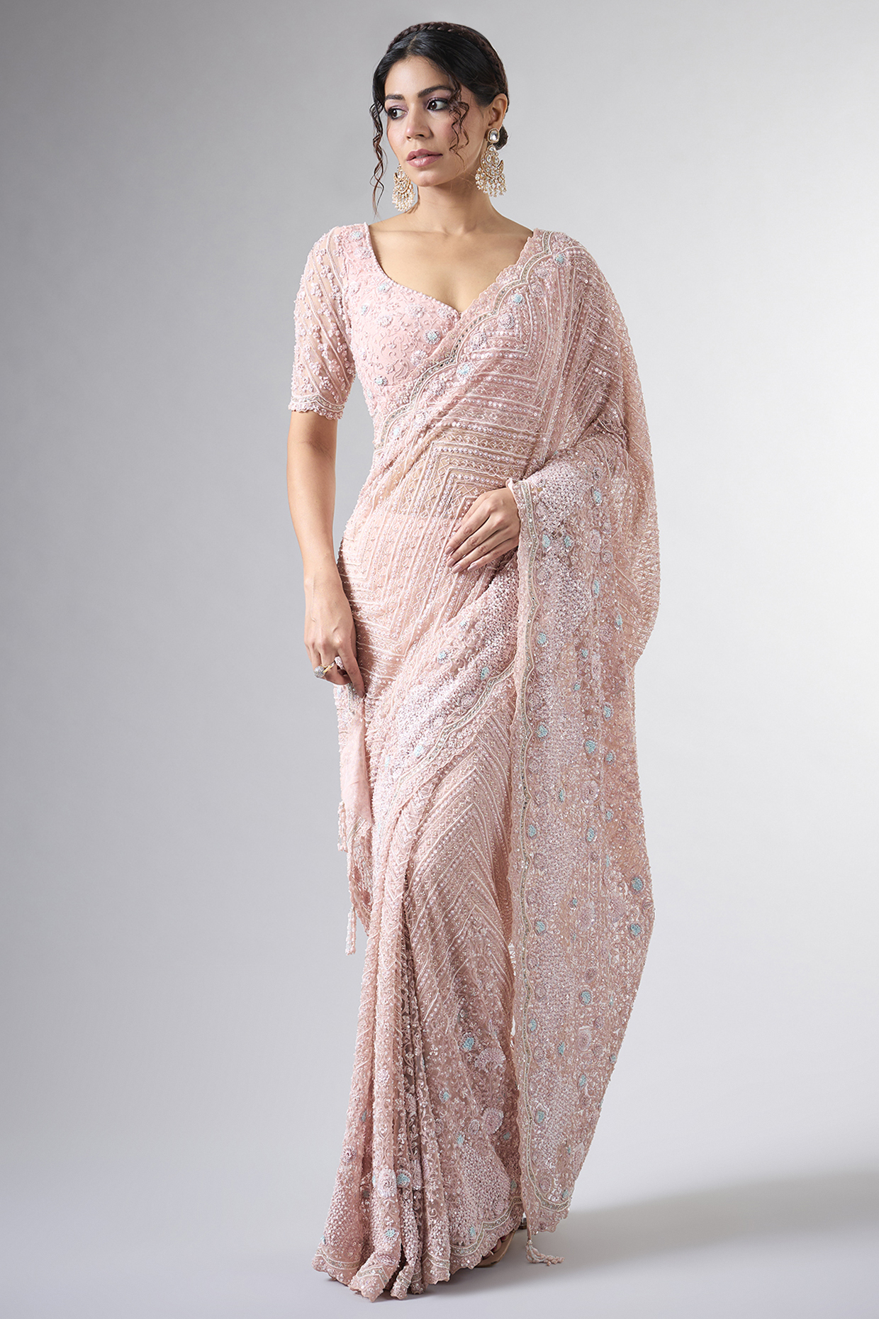 Pink Net Cutdana Work Reception Saree Set by Pallavi Poddar (India) at Pernia's Pop Up Shop