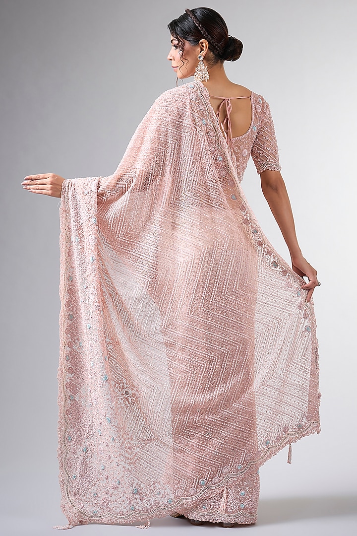 Pink Net Cutdana Work Reception Saree Set by Pallavi Poddar (India) at Pernia's Pop Up Shop