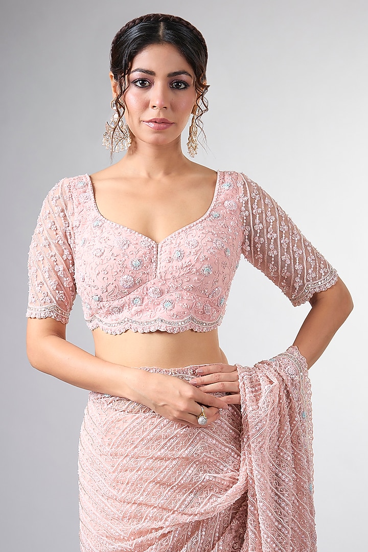 Pink Net Cutdana Work Reception Saree Set by Pallavi Poddar (India) at Pernia's Pop Up Shop