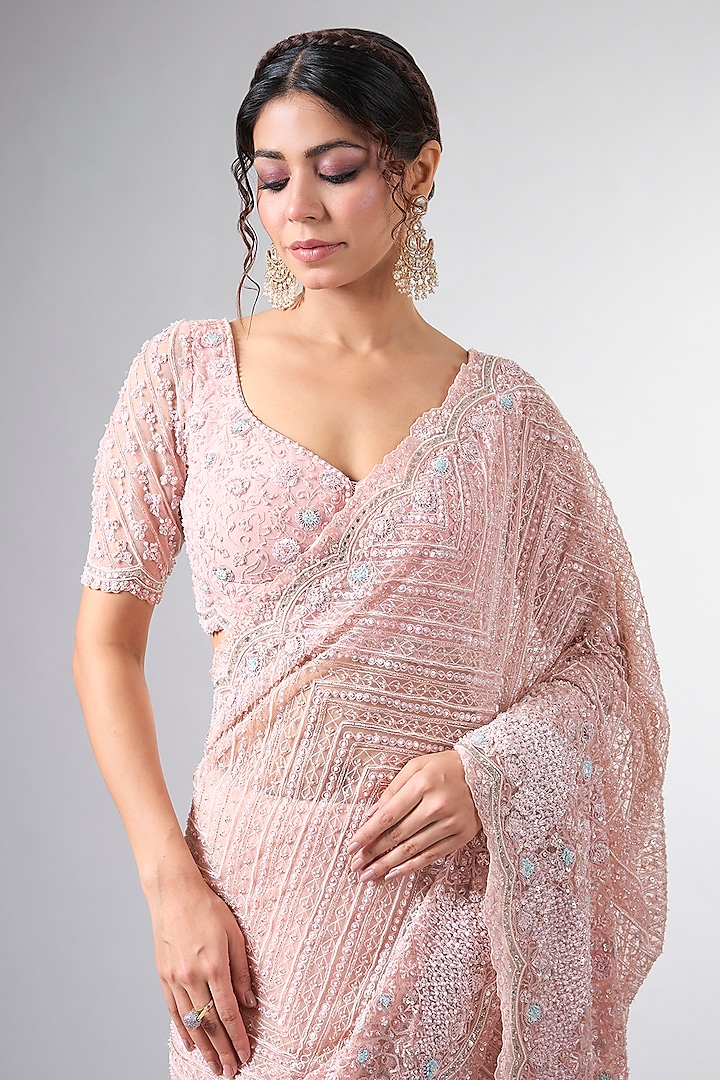 Pink Net Cutdana Work Reception Saree Set by Pallavi Poddar (India) at Pernia's Pop Up Shop