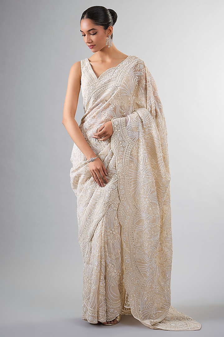 Ivory Organza Pearl & Thread Work Reception Saree Set by Pallavi Poddar (India) at Pernia's Pop Up Shop