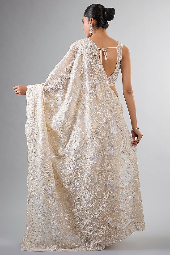 Ivory Organza Pearl & Thread Work Reception Saree Set by Pallavi Poddar (India) at Pernia's Pop Up Shop