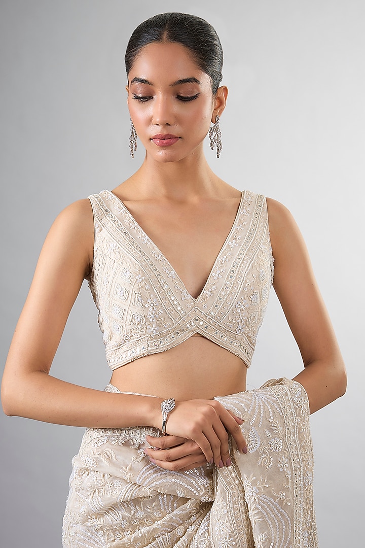 Ivory Organza Pearl & Thread Work Reception Saree Set by Pallavi Poddar (India) at Pernia's Pop Up Shop