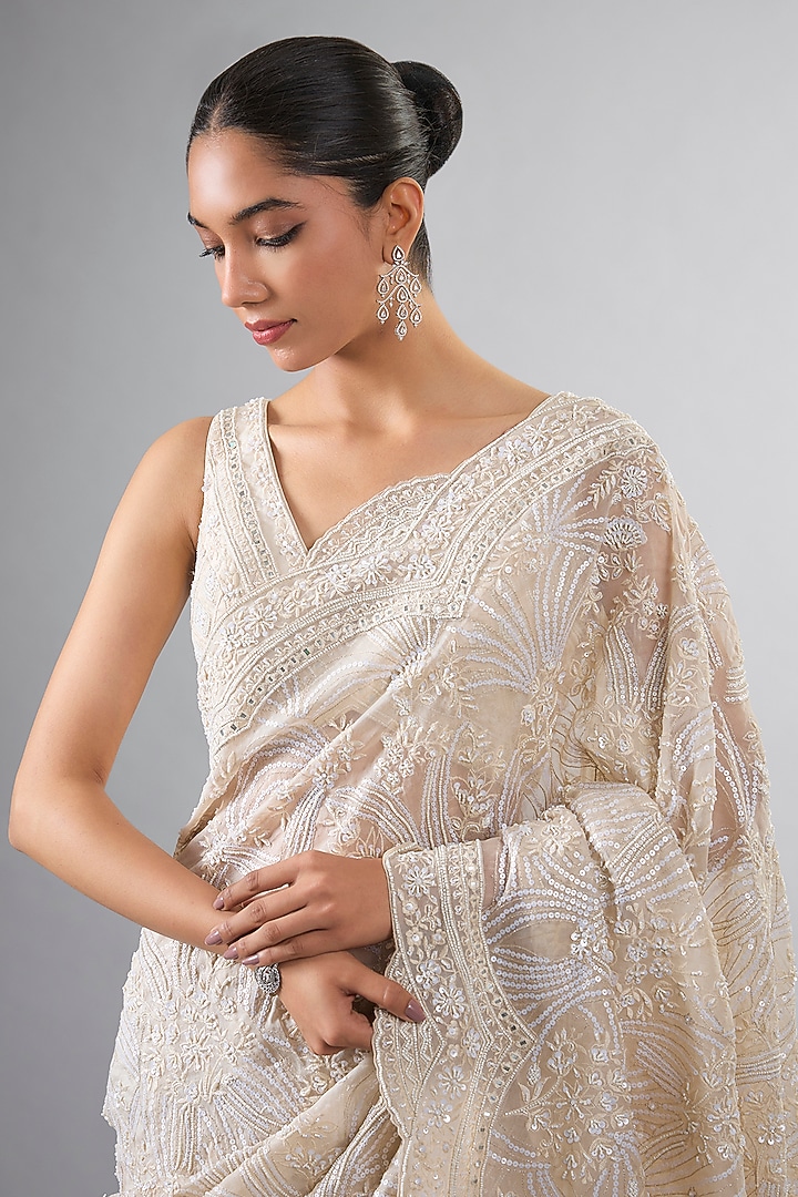 Ivory Organza Pearl & Thread Work Reception Saree Set by Pallavi Poddar (India) at Pernia's Pop Up Shop