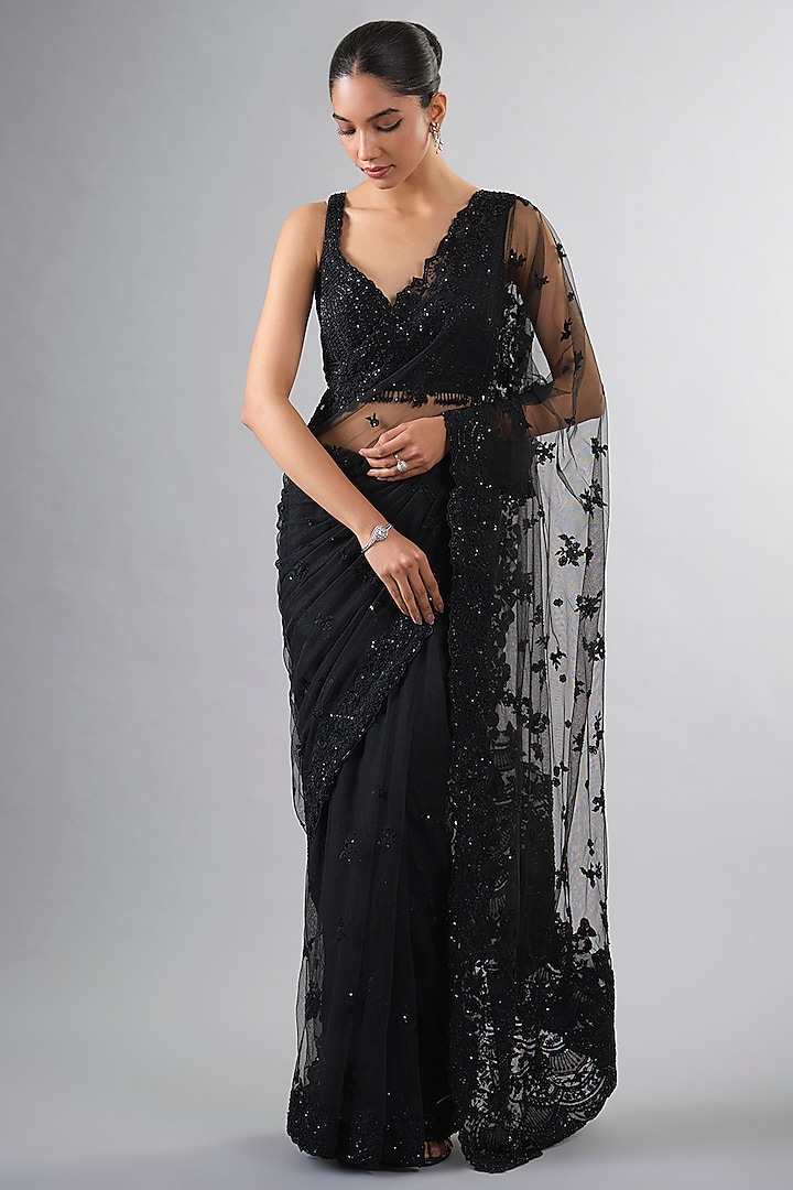 Black Net Organza Cutdana Work Wedding Saree Set by Pallavi Poddar (India) at Pernia's Pop Up Shop