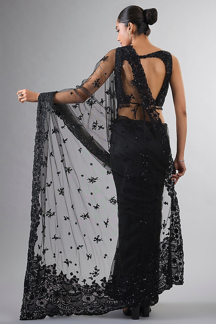 Black Net Organza Cutdana Work Wedding Saree Set by Pallavi Poddar (India) at Pernia's Pop Up Shop